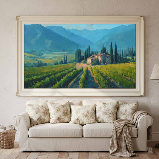 Tuscan Vineyard Canvas Art – canvas print shown framed in a styled room