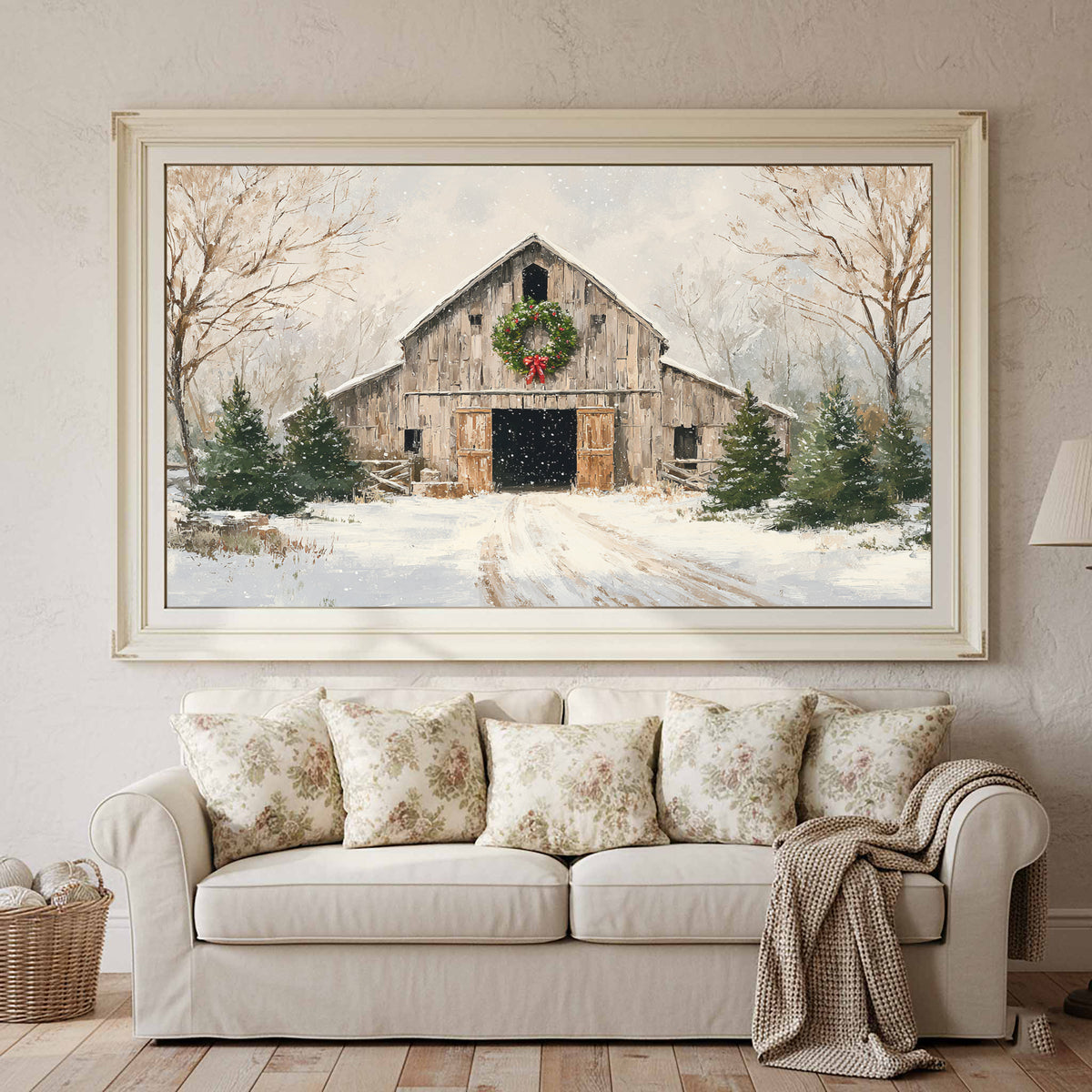 Christmas Barn Canvas Wall Art – styled room view 3