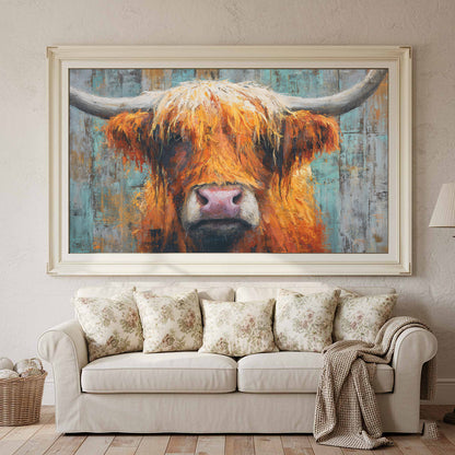 Highland Cow Wall Art – canvas print shown framed in a styled room