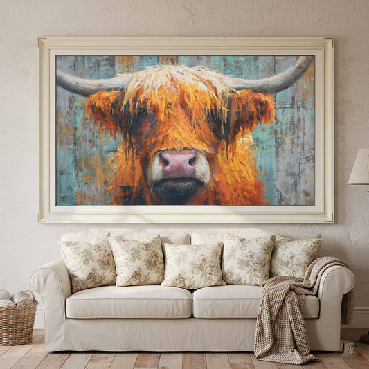 Highland Cow Wall Art – canvas print shown framed in a styled room