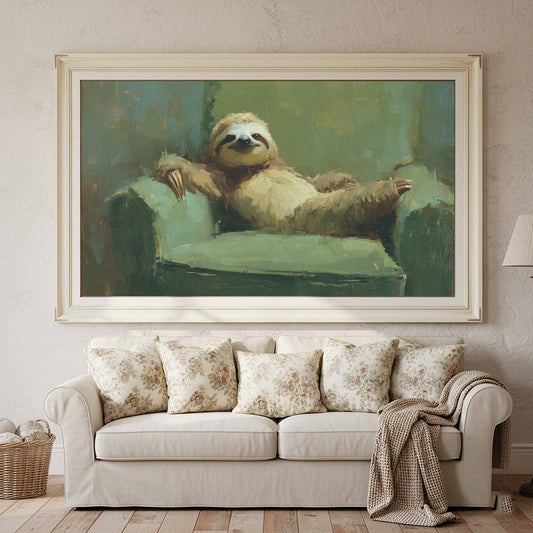 Sloth Lounging Canvas Art – canvas print shown framed in a styled room