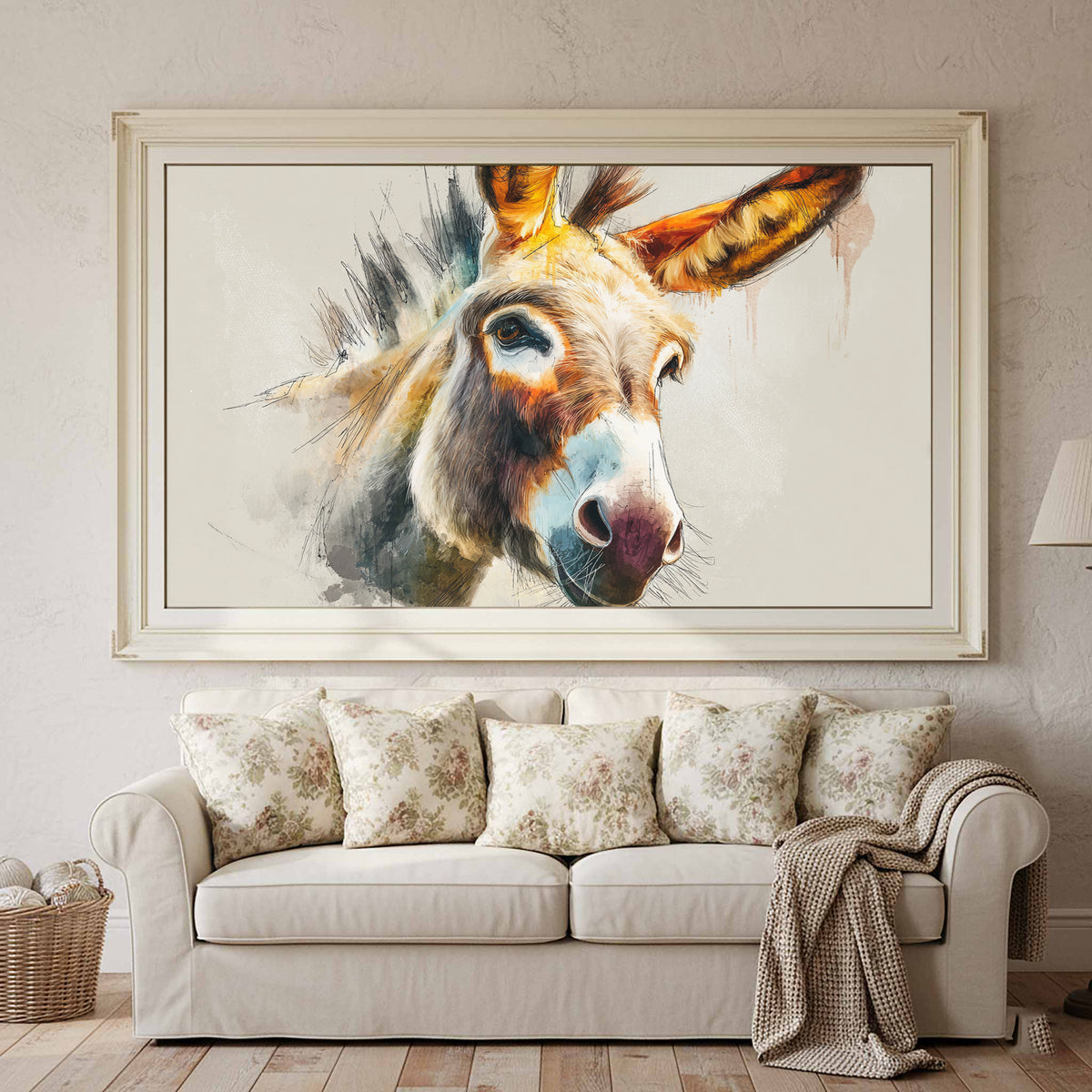 Donkey Portrait Canvas Wall Art – canvas print shown framed in a styled room