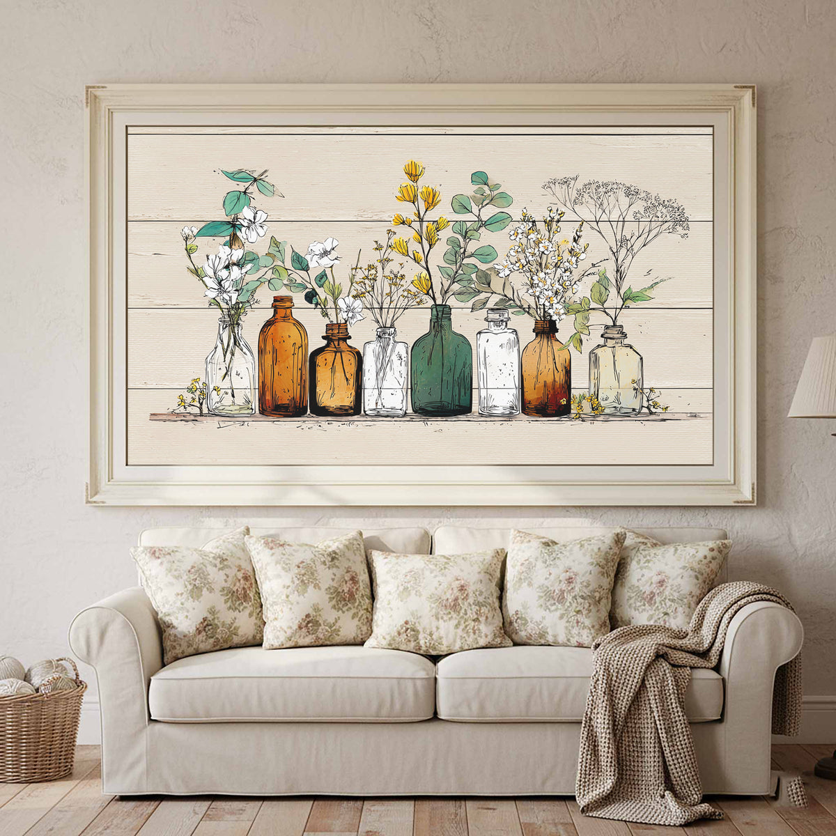 Botanical Glass Bottles Wall Art – styled room view 2