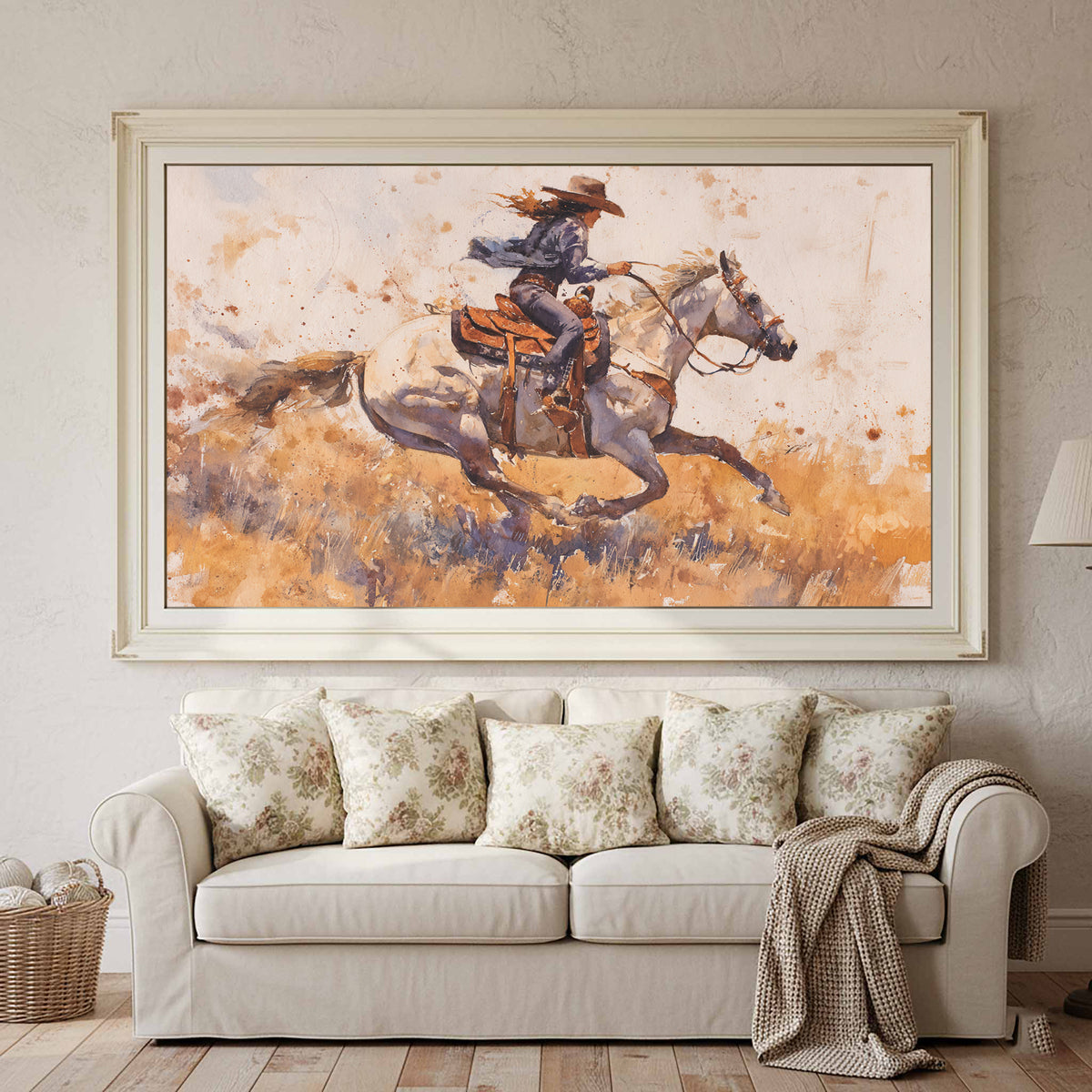 Western Cowgirl Watercolor Canvas Wall Art – styled room view 2
