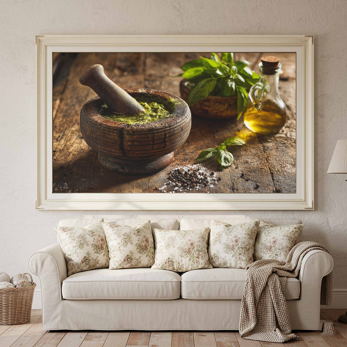 Rustic Kitchen Wall Art – canvas print shown framed in a styled room