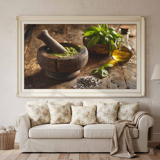 Rustic Kitchen Wall Art – canvas print shown framed in a styled room