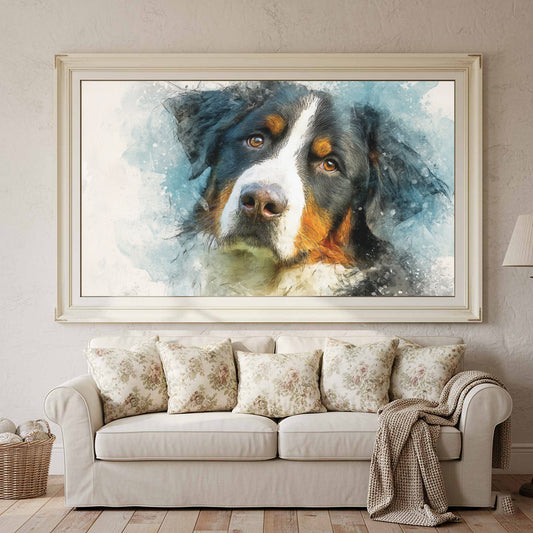 Bernese Mountain Dog Canvas Print – canvas print shown framed in a styled room