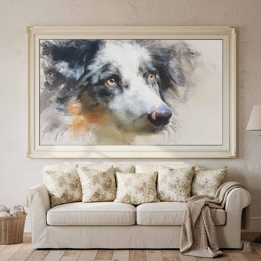 Australian Shepherd Canvas Wall Art – canvas print shown framed in a styled room
