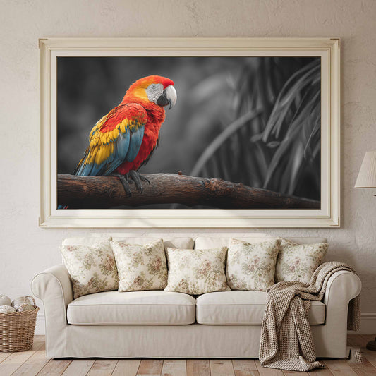 Scarlet Macaw Canvas Wall Art – canvas print shown framed in a styled room
