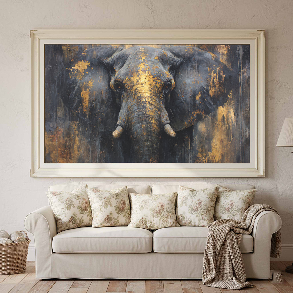 Bold Elephant Portrait Canvas – styled room view 3