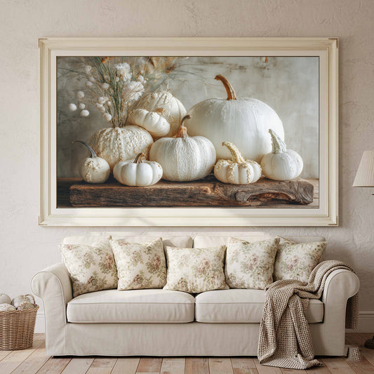 White Pumpkin Canvas Print – canvas print shown framed in a styled room