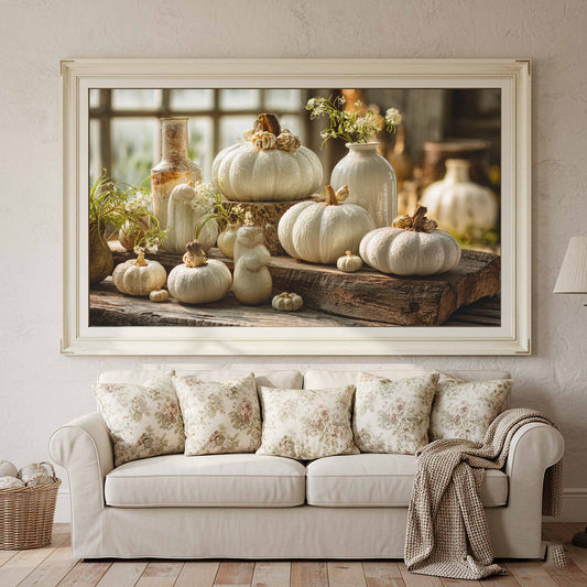 White Pumpkin Farmhouse Wall Art – canvas print shown framed in a styled room