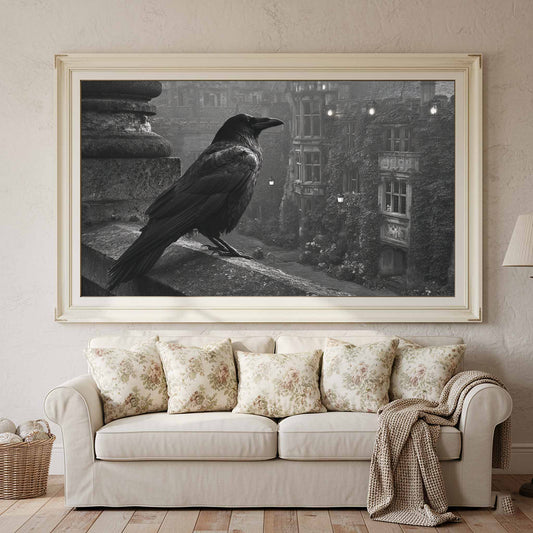 Raven Gothic Art Print – canvas print shown framed in a styled room