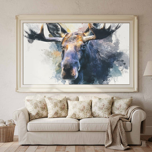 Moose Portrait Canvas Wall Art – canvas print shown framed in a styled room