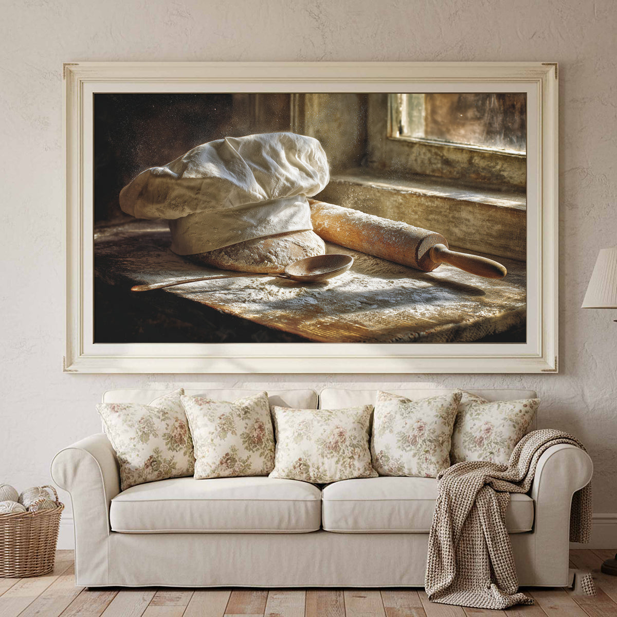 Rustic Kitchen Chef Hat Wall Art – canvas print shown framed in a styled room