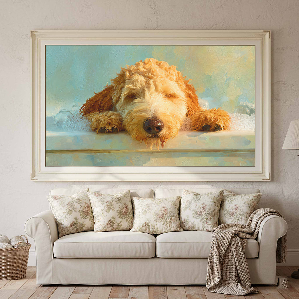 Goldendoodle Bath Time Canvas Print – styled room view 2