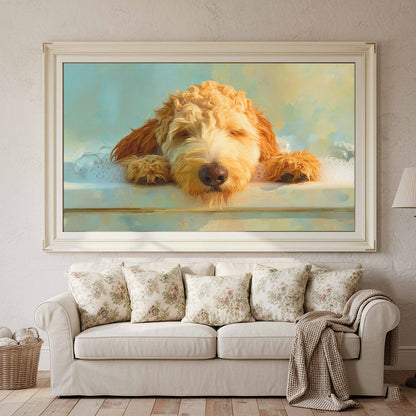 Goldendoodle Bath Time Canvas Print – styled room view 2
