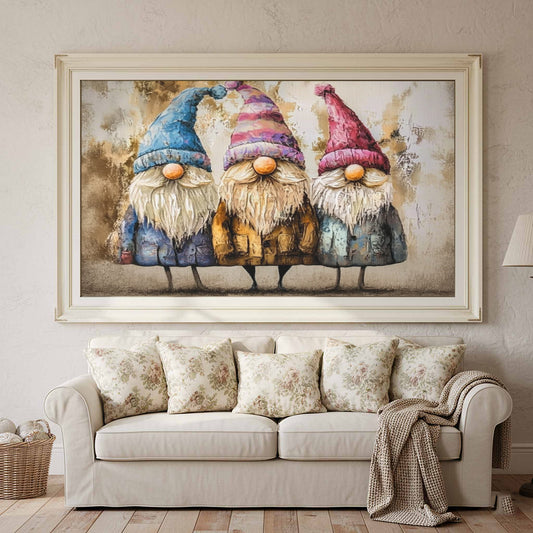 Rustic Gnome Wall Art – canvas print shown framed in a styled room