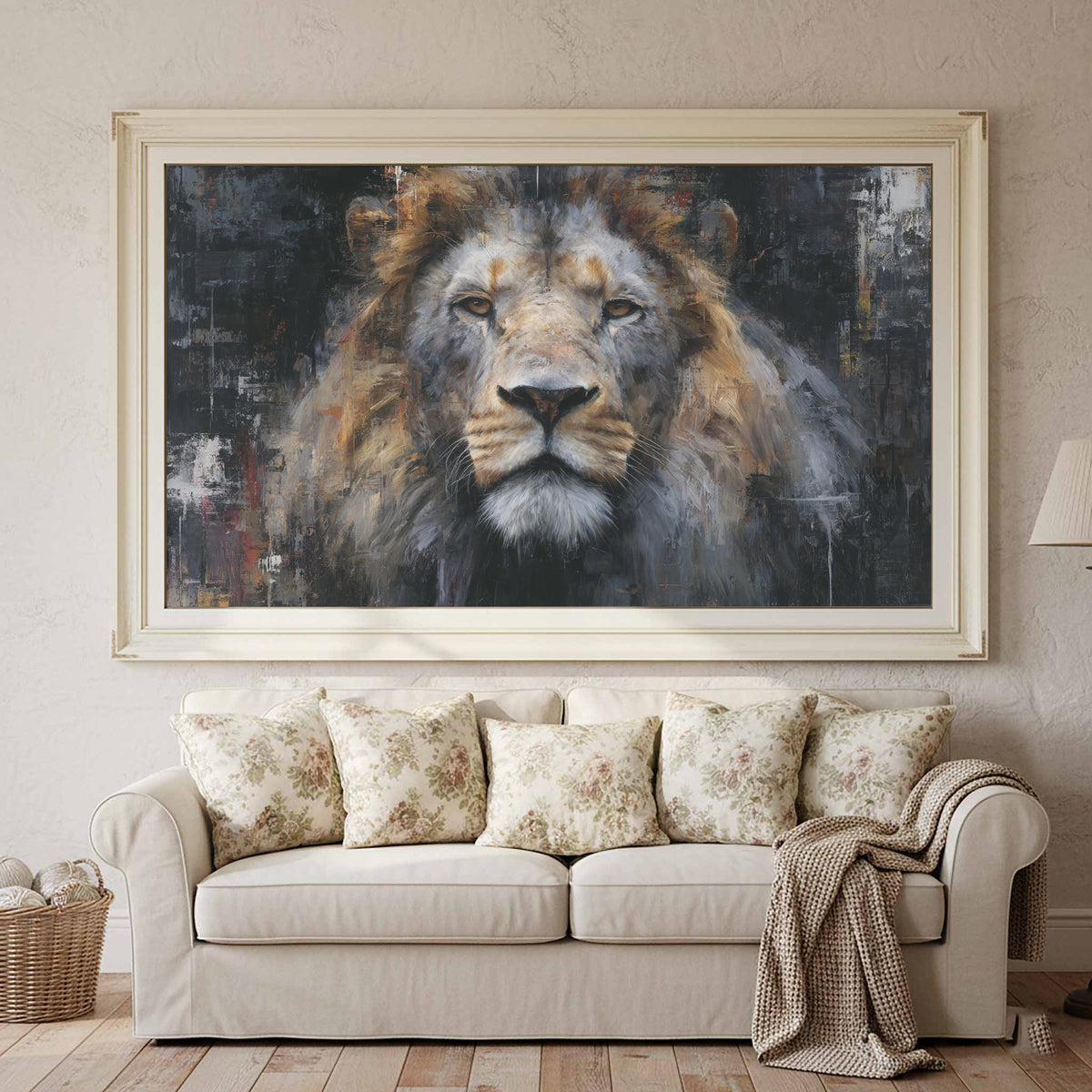 Modern Lion Portrait Canvas Wall Art – canvas print shown framed in a styled room
