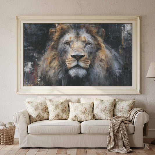Modern Lion Portrait Canvas Wall Art – canvas print shown framed in a styled room