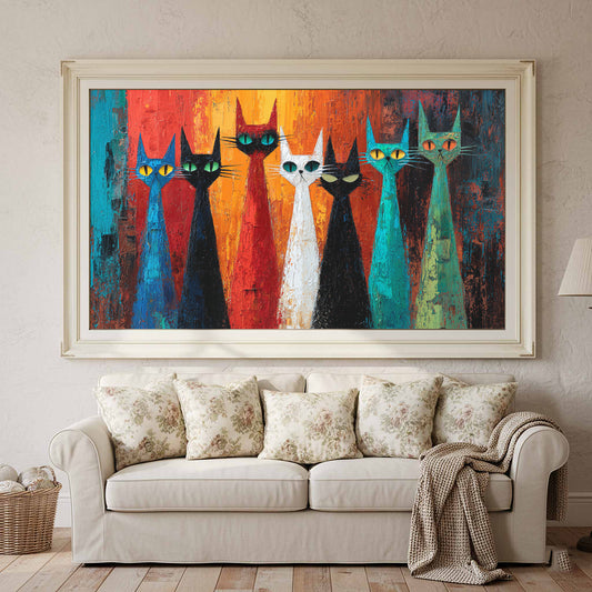 Colorful Cat Art Canvas Print – canvas print shown framed in a styled room