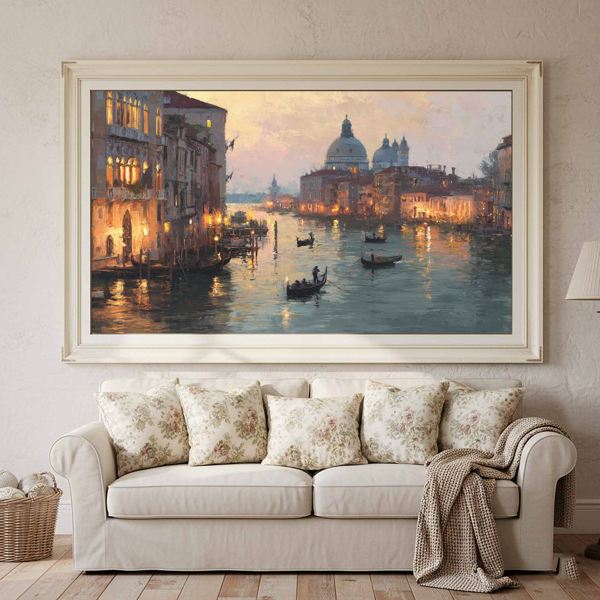 Venice Canal Dusk Wall Art – canvas print shown framed in a styled room