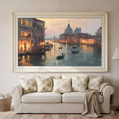 Venice Canal Dusk Wall Art – canvas print shown framed in a styled room