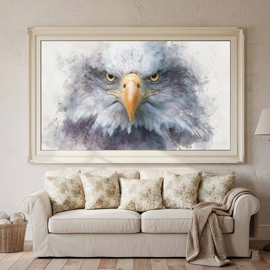 Bald Eagle Watercolor Canvas Print – canvas print shown framed in a styled room