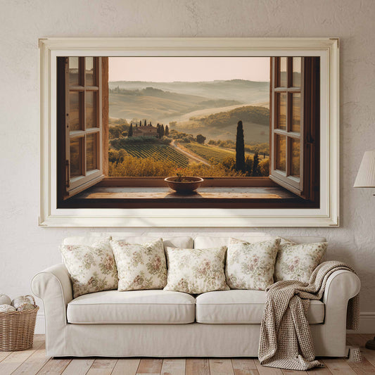 Tuscany Window View Canvas Print – canvas print shown framed in a styled room