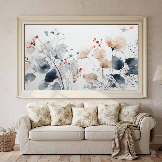 Abstract Watercolor Floral Wall Art – canvas print shown framed in a styled room