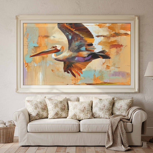 Abstract Pelican Wall Art – canvas print shown framed in a styled room