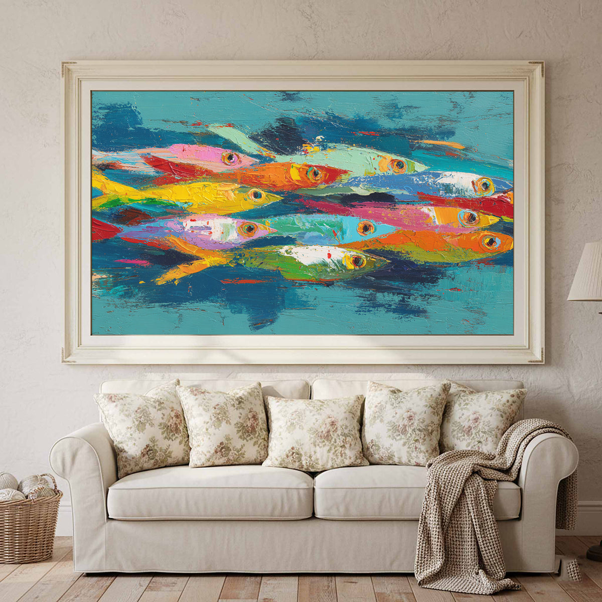 Abstract Fish School Canvas Art – styled room view 3