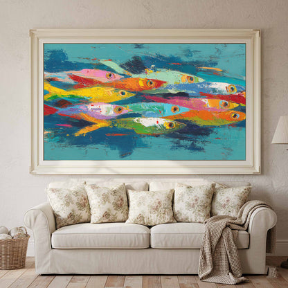 Abstract Fish School Canvas Art – styled room view 3