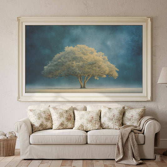 Solitary Tree Wall Art – canvas print shown framed in a styled room