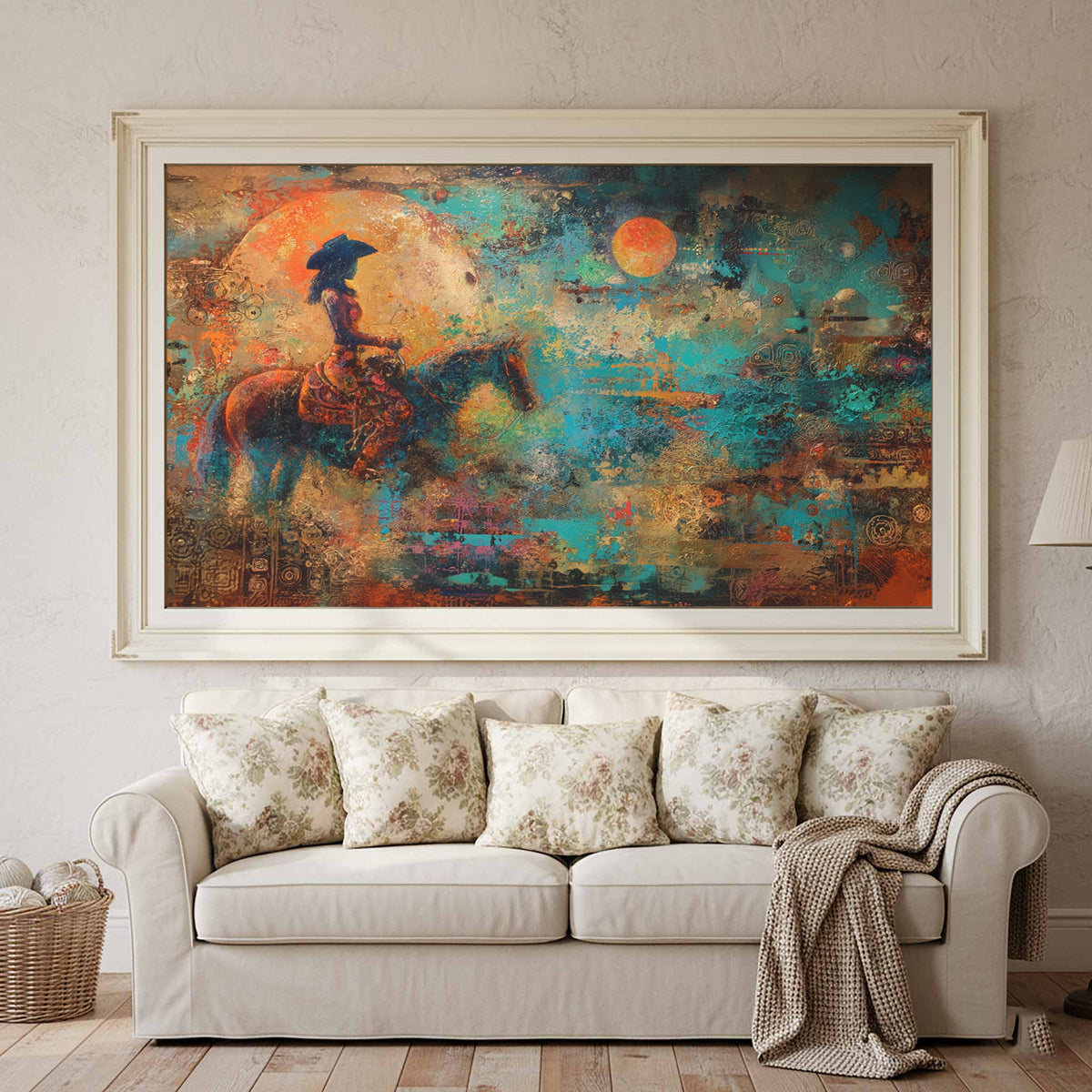 Western Cowgirl Witch Abstract Canvas Art – styled room view 3