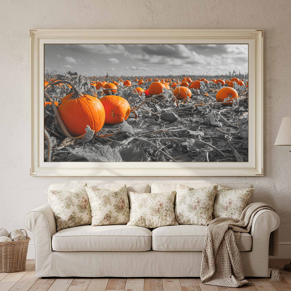 Orange Pumpkin Field Canvas Wall Art – canvas print shown framed in a styled room