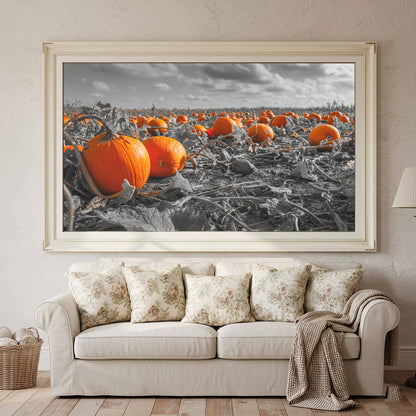 Orange Pumpkin Field Canvas Wall Art – canvas print shown framed in a styled room