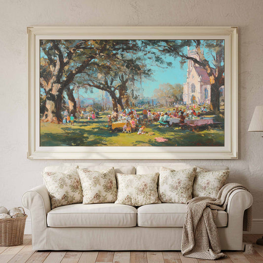 Southern Church Picnic Canvas Print – canvas print shown framed in a styled room