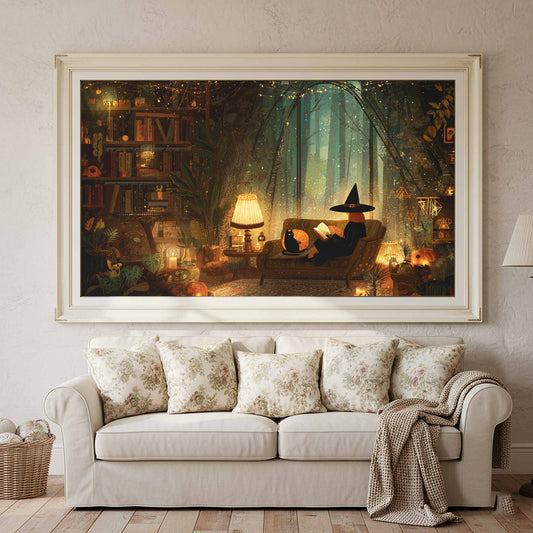 Witch Reading Canvas Wall Art – canvas print shown framed in a styled room