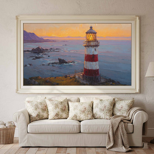Cape Palliser Lighthouse Oil Painting Print – canvas print shown framed in a styled room