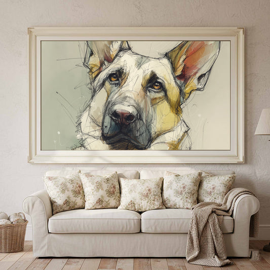 German Shepherd Dog Portrait Canvas Art – canvas print shown framed in a styled room