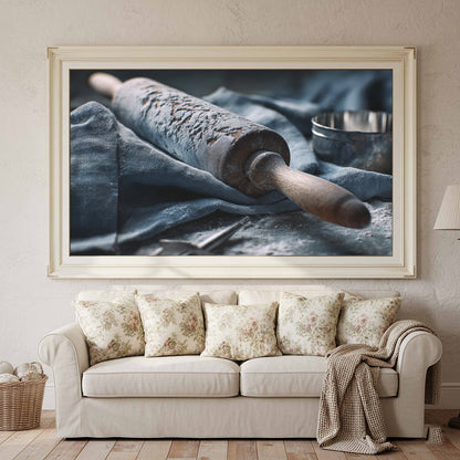 Rustic Kitchen Rolling Pin Canvas Art – canvas print shown framed in a styled room