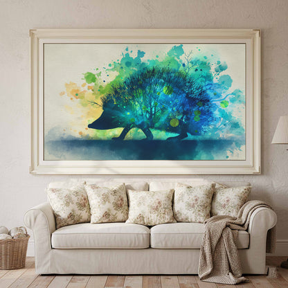 Hedgehog Watercolor Wall Art – canvas print shown framed in a styled room