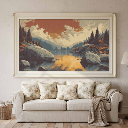 Mountain Lake Sunset Canvas Print – styled room view 2