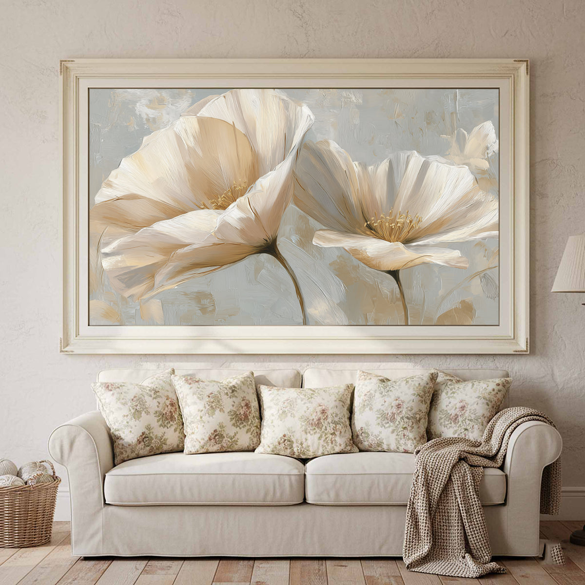 Abstract Floral Canvas Print – canvas print shown framed in a styled room