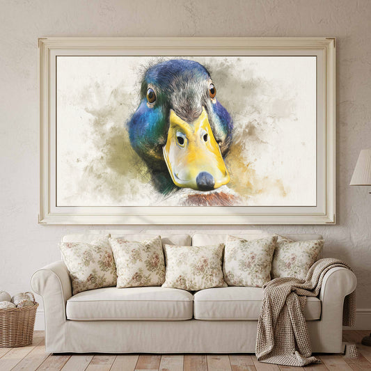 Duck Portrait Canvas Wall Art – canvas print shown framed in a styled room