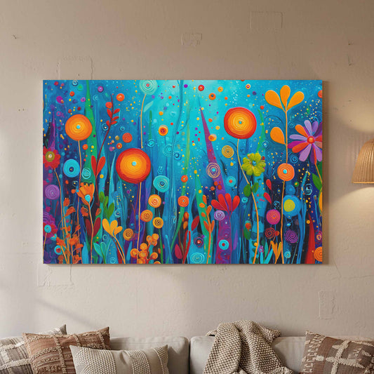 Colorful Abstract Garden Canvas Art – canvas print shown framed in a styled room
