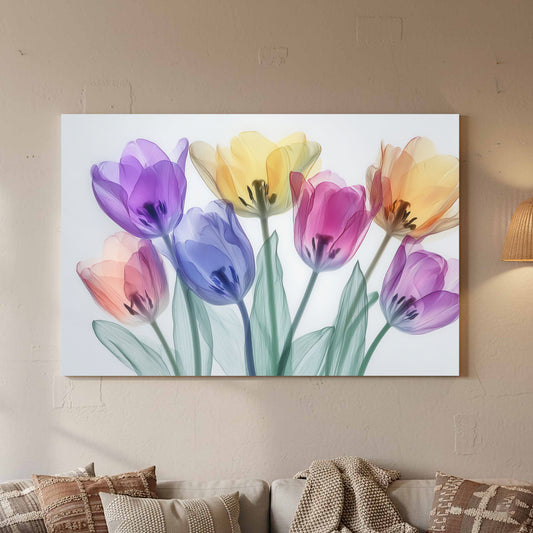 Translucent Tulip Botanical Wall Art – canvas print shown framed in a styled room