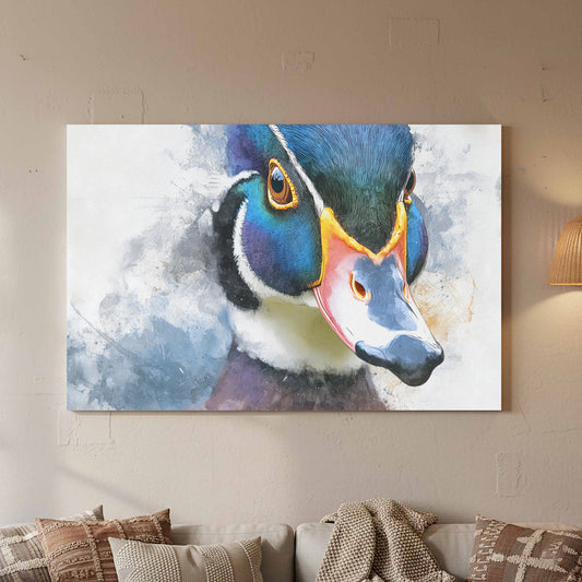 Wood Duck Portrait Canvas Wall Art – canvas print shown framed in a styled room