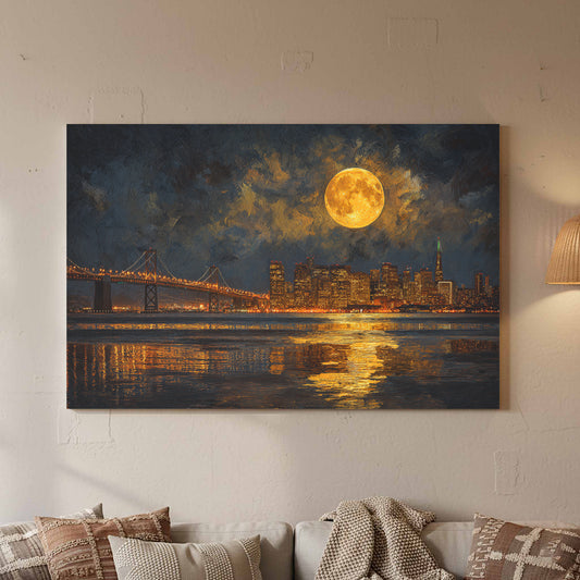 Dramatic City Skyline Canvas Wall Art – canvas print shown framed in a styled room